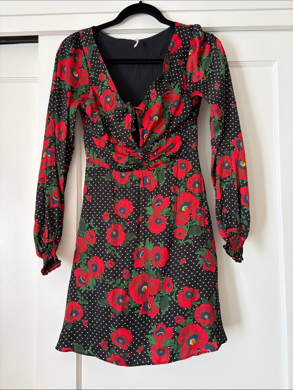 Free People Black Long Sleeve Floral V-Neck Dress with Red and Green Print
